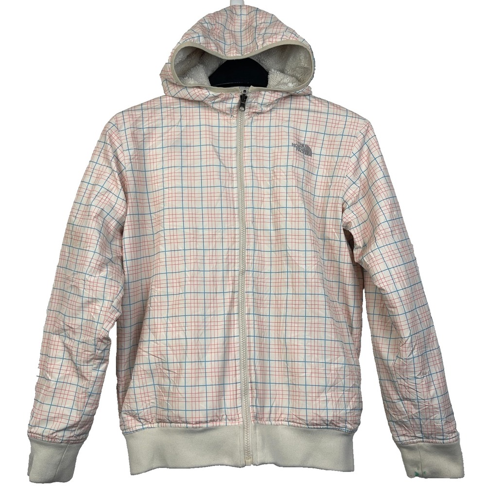 The North Face Girls XL Reversible‎ Fleece Hooded Jacket Blue Red  Plaid *Read